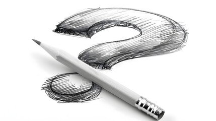 A pencil actively sketching a question mark on a white sheet of paper. The sketch features detailed shading and a realistic, hand-drawn style.