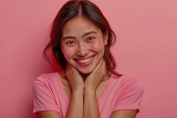 Fototapeta premium Pretty young Asian woman with a big warm smile in a winter jumper.