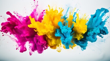 Dynamic cmyk toner burst  vibrant cyan, magenta, yellow, and black splatters on white background