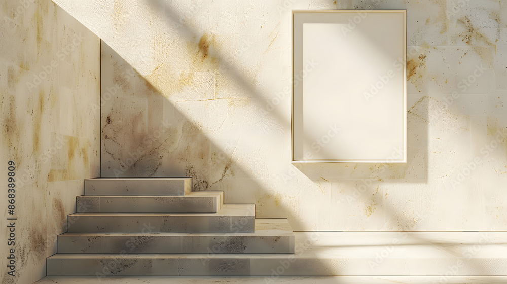 Poster sunlight casts shadows on minimalist stone steps and a blank frame on a textured wall, creating a se