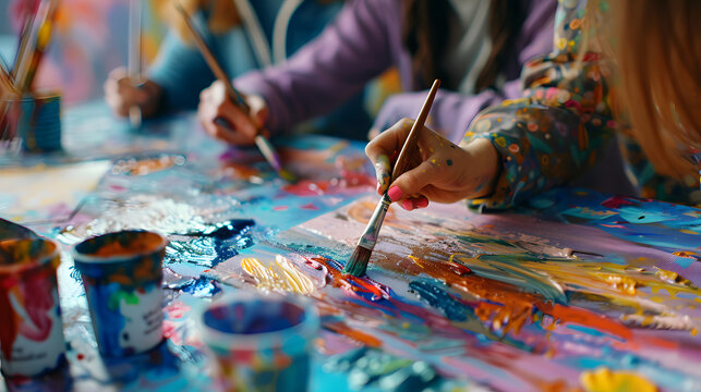 Close-up of multiple hands painting with brushes on a colorful canvas, highlighting creativity and teamwork. Perfect for art, creativity, and collaborative themes.