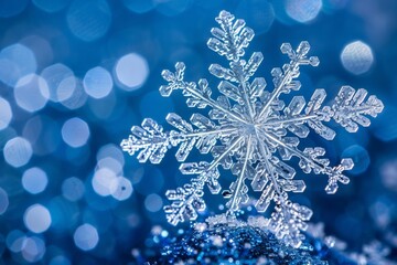 Shimmering Snowflake on a Blurred Blue Background