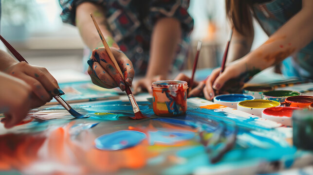 Close-up of multiple hands painting on a colorful canvas during a collaborative art session, highlighting creativity and teamwork. Ideal for art, creativity, and collaboration themes.