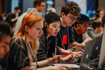 In a modern office, young professionals work on laptops, emphasizing productivity and teamwork for business success AIG62