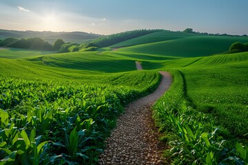 Naklejka premium Scenic Rural Landscape with Winding Stone Path and Rolling Green Hills during Sunset - Ideal for Travel, Nature and Scenic Prints