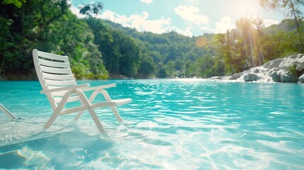 Tranquil Waterfront with White Chair in Serene Nature Setting