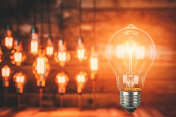 Glowing Light Bulb Ideas - Innovation and Inspiration on a Wooden Background