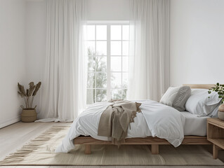 Scandinavian Bedroom with Natural Light and Cozy Textures, AI Generation