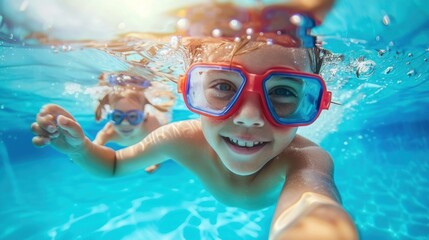 Naklejka premium Kids in swimming pool. Children swim. Family fun.