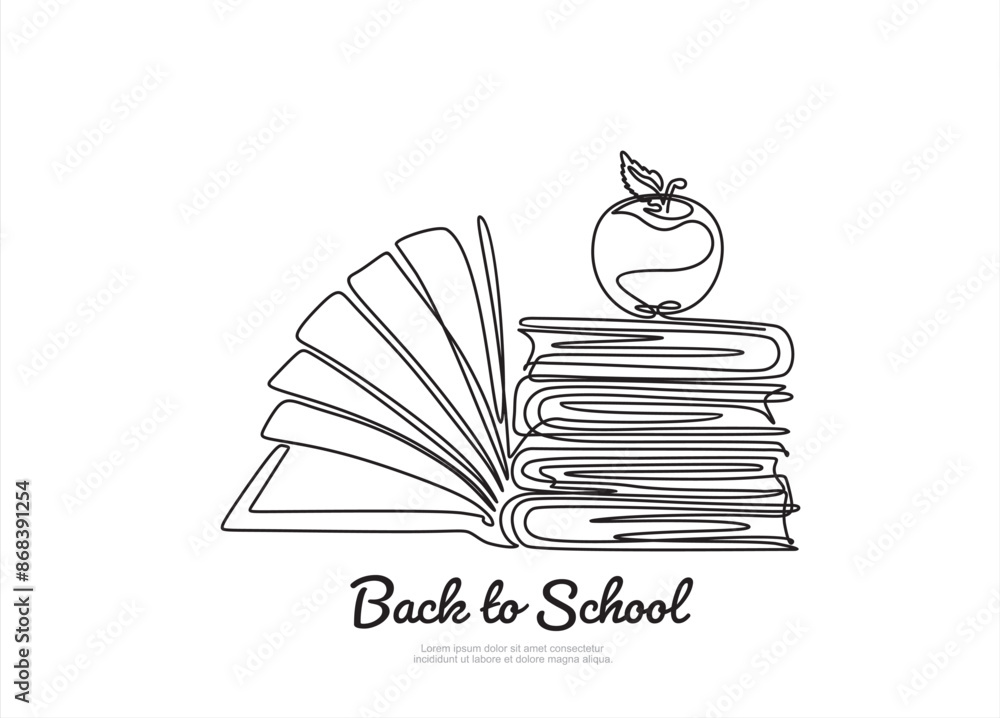 Aufkleber continuous one line drawing of apple above books stack minimalist vector illustration design on whit