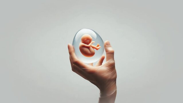 human hand holding embryo in the transparent egg