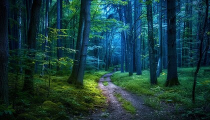 Obraz premium Moonlit Forest Path: Serene Nighttime Hike Through a Lush, Mossy Woodland