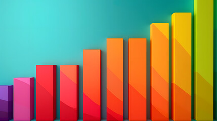 A vibrant 3D bar graph in a range of bright colors set against a teal background, representing data visualization and analytics. Ideal for business, technology, and education themes.