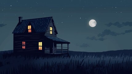 Mysterious House with Bright Windows Nestled in a Foggy Forest at Night