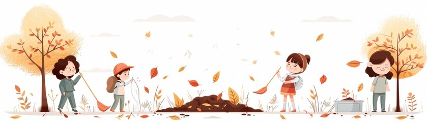 Children raking autumn leaves in a park, with fall colors and trees in the background. Smiling kids enjoying outdoor activities.