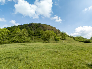 Ceske Stredohori hill range-Central Bohemian Uplands or Central Bohemian Highlands and protected landscape,aerial scenic panorama mountains view,Mila hill,Czech republic by Louny Town,Europe