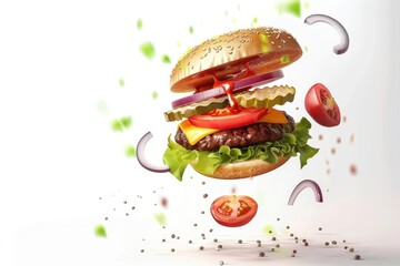 juicy hamburger with fresh ingredients floating in air transparent background appetizing fast food concept digital illustration