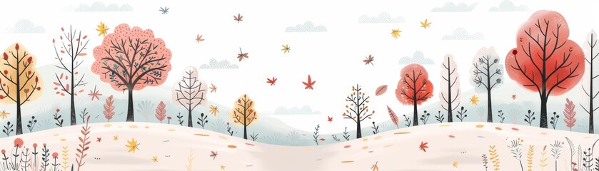 Illustrative autumn landscape with colorful trees, falling leaves, and serene scenery. Perfect for seasonal designs and background themes.