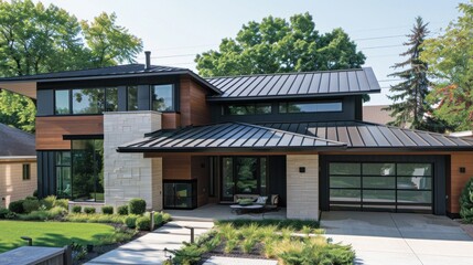 Modern house with corrugated metal roof sleek and durable roofing solution. Concept Metal Roofing, Modern Architecture, Sustainable Design, Corrugated Metal, Sleek Roofing