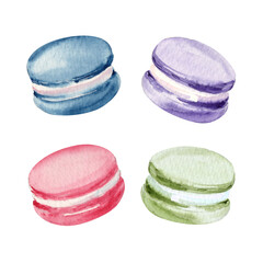 Set of watercolor hand-drawn macarons. French traditional treatment isolated on white. 