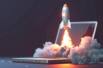 laptop with a rocket blasting off symbolizing a successful business startup launch 3d render