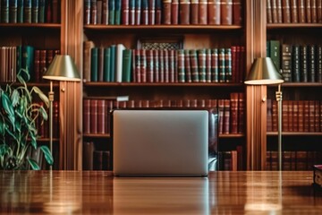 library desk with books and laptop education technology and elearning concept