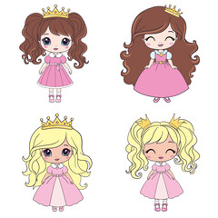 Cute princess girls in a dress with a crown. Vector set of illustrations of princesses. Girly vector collection.