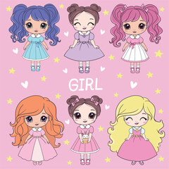 Cute princess girls in a dress with a crown. Vector set of illustrations of princesses. Girly vector collection.