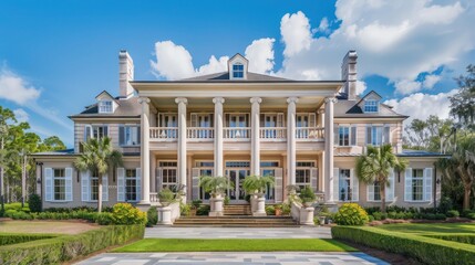 Obraz premium Southern plantation home with elegant white Bahama shutters, adding to the grandeur of the sprawling estate while offering shade from the sun
