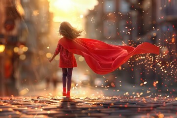 little girl superhero with red cape and flying hair empowering children concept