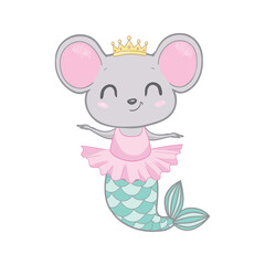Cute gray mouse. Mermaid mouse. Vector illustration in cartoon flat style. White background. Year of the mouse.