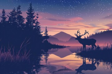 lone elk standing at a meadows edge at dusk majestic wildlife in nature concept illustration