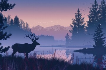 lone elk standing at a meadows edge at dusk majestic wildlife in nature concept illustration