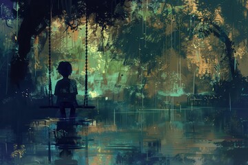 lonely anime boy reflecting on solitary park swing digital painting