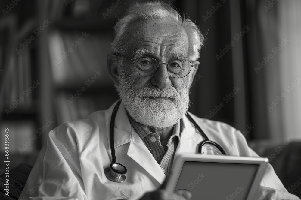 Wall mural nurse doctor senior care caregiver help assistence retirement home tablet computer technology occupation, Generative AI