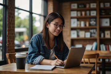 A young positive Asian female college student studying online and doing homework at a coffee shop