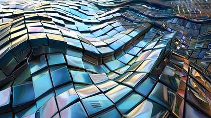 High-angle view of a 3D mosaic backdrop with square shapes arranged in wave patterns, designed to evoke a sense of modernity and innovation in abstract art.