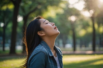 Asian woman taking deep breaths, refreshing and stretching in the park