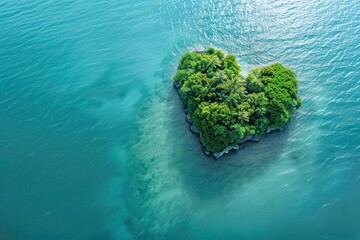 lush heartshaped island oasis surrounded by turquoise sea aerial landscape photography