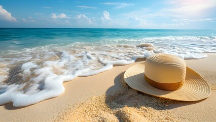 Obraz premium A straw beach hat lies on the sandy shore as gentle ocean waves wash over the beach