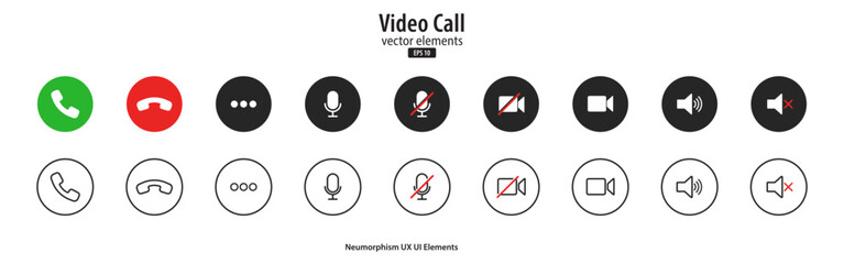Set of Video call icons. Video chat conference symbols. Collection of video communication elements. Neumorphism style, UI UX design, Vector illustration.