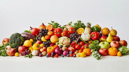 Large pile of fresh fruits and vegetables on an isolated background. 