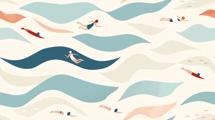 Stylish minimalist abstract seamless pattern showcasing simple line drawing of swimmers and waves