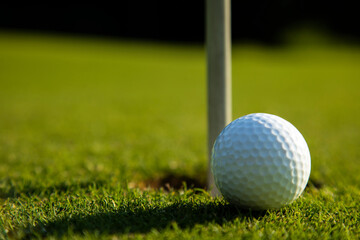 Closeup Golf ball on green grass on course