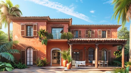 Fototapeta premium Spanish villa with terracotta-colored Bahama shutters, echoing the warmth of the Mediterranean sun