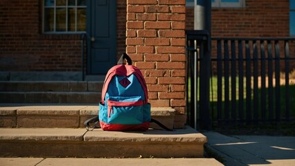 A colorful backpack resting on the steps of a brick school building entryway in the morning sunlight