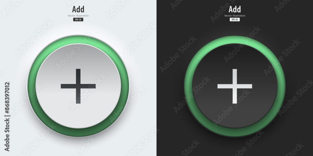 Poster add icon. set of black and white buttons have green neon lights with add symbols. 3d icon in trendy 