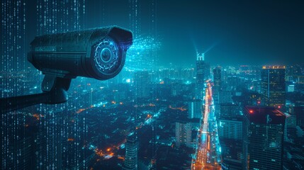 Surveillance camera overlooking futuristic cityscape at night security concept