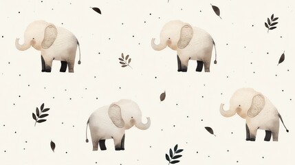 Refined minimalist monochromatic hand-drawn wildlife seamless pattern with gentle elephants and subtle jungle foliage