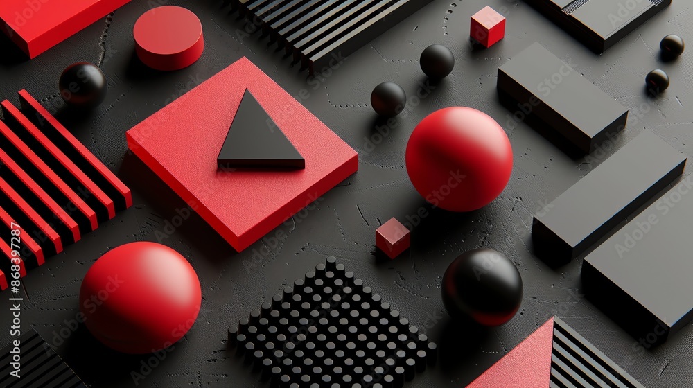 Poster a 3d rendering of various geometric shapes in black and red.